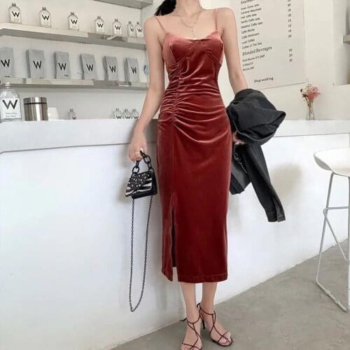 Sexy Side Split Skirt French Slip Dress Velvet Girl Dresses 2021 New One-Piece Elegant Women Dresses Formfitting Dress Velvet