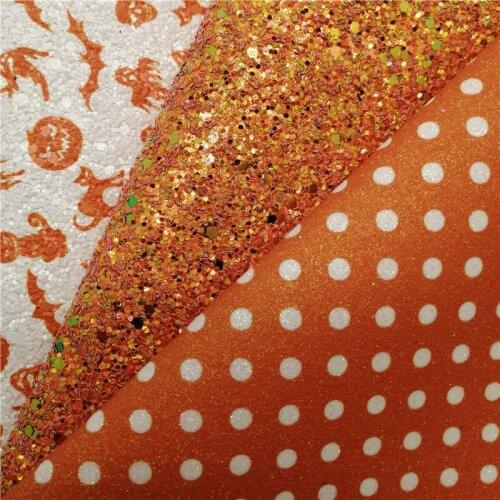 Halloween Orange Chunky Glitter Leather Fabric Skulls Ghosts Dots Printed Synthetic Leather For Earrings BOWS DIY 21X29CM G522