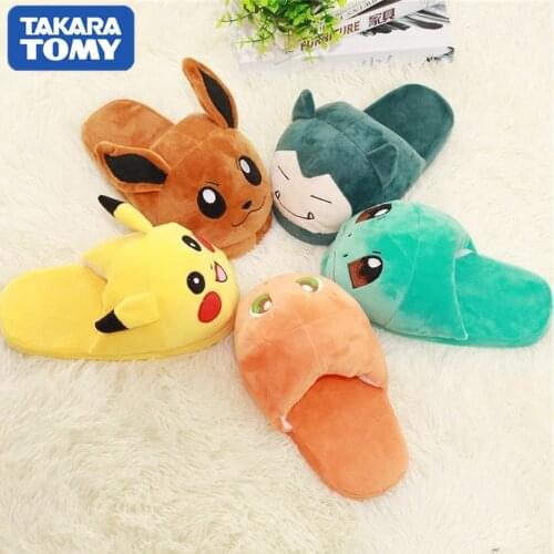 TAKARA TOMY Pokemon Kawaii Cartoon Pikachu Munchlax Charmander Eevee Squirtle Plush Slippers Indoor Warm Winter Adult Shoes