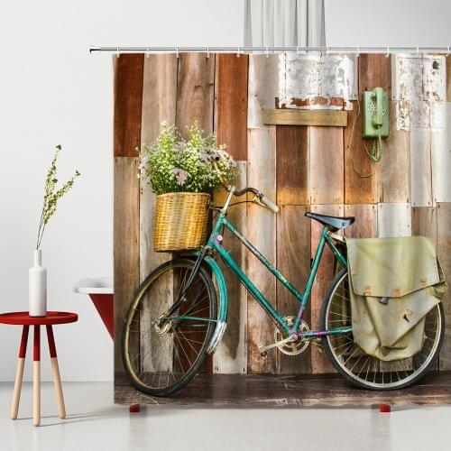 3D Retro Bicycle Shower Curtain Old Fashion Wood Grain Flower Printed Bathroom Decor Polyester Washable Fabric Bath Cloth Curtai