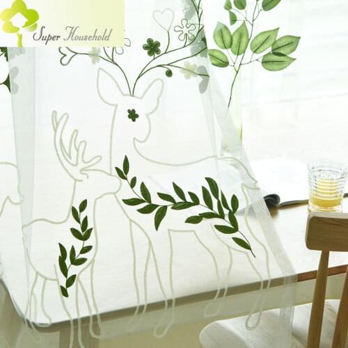 Modern Green Embroidered Tulle Curtains for Living Room Deer Leaf Sheer Curtain for Bedroom Window Treatments Decorative Curtain