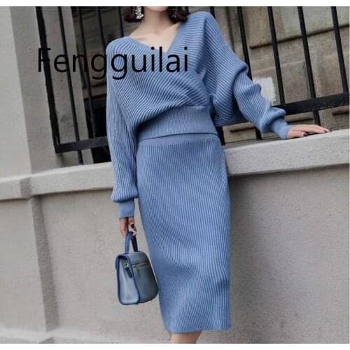 Spring Bling Knitted 2 Piece Set Women Lantern Sleeve V Neck Sweater Elastic Waist Knitted Skirt Female Sweater Suit
