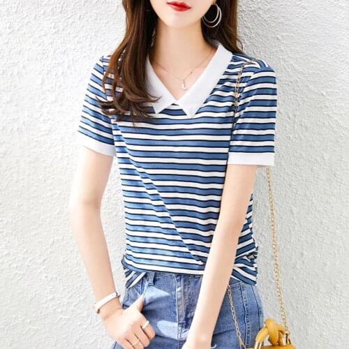 2021 Summer Hong Kong Wind 40 Fine Cotton Knitwear Short Sleeve T-shirt Female V-neck Striped Half Sleeve Knitwear