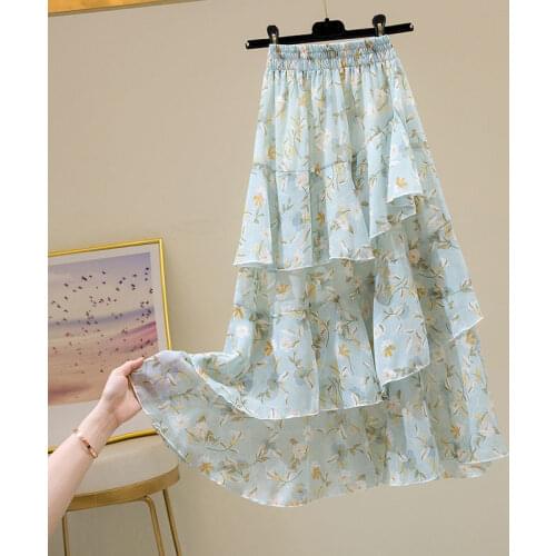 Women Skirts summer Bohemian Style Asymmetrical Ruffles Mid Calf Skirt Fashionable Leisure Loose Elastic Belt Floral Skirt