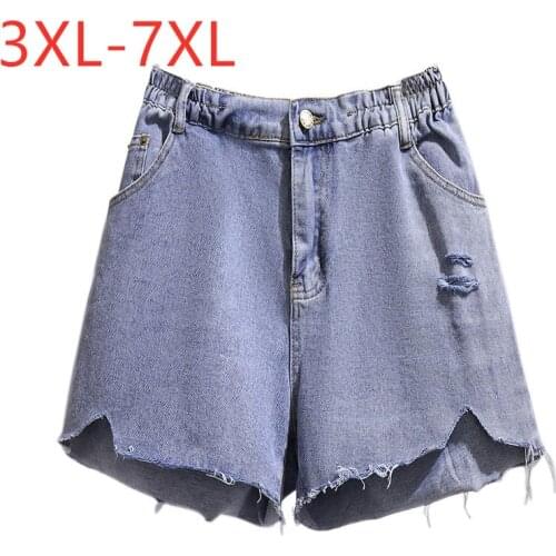 New 2021 Ladies Summer Plus Size Jeans Shorts For Women Large Cotton Wide Leg Blue Hole Pocket Denim Shorts 3XL 4XL 5XL 6XL 7XL