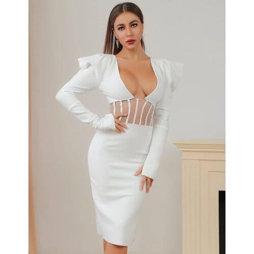 New White Long Sleeve Dress Women Fashion Sexy V-neck Mesh Hollow Out Bandage Dress Bodycon Club Party Knee Length Women Dresses