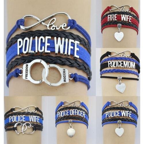 10PC/Lot Infinity Love Police/Fire Wife Mom Officer Freedom Double Heart Charm Wrap Bracelet Rope Women & Men Bracelets Jewelry