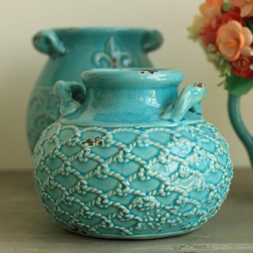 American Pastoral Mediterranean decor Home Furnishing cassis ice glaze ears flat ceramic vase