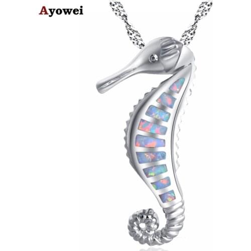 Ayowei Trendy Hippocampus Animal Design for girl White Fire Opal 925 Silver stamped Pendant Necklace Jewelry OP801A