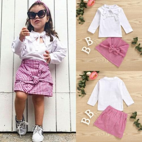Toddler Kids Baby Girl Clothes Big Knotbow Collar Long Sleeve T-Shirt Tops+Plaid Skirt Outfit Set Sweet Girls Suit