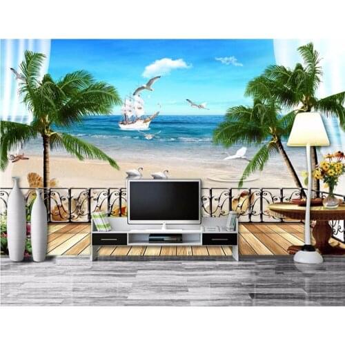 Custom photo mural 3d wallpapers for living room Mediterranean Sea gull coconut tree painting 3d wall murals wallpaper