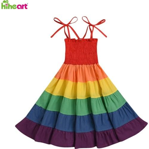Hiheart Summer Girls Sling Sleeveless Smocked Sundress Bohemian Beach Princess Dresses for Girl Clothing 3-7 Years