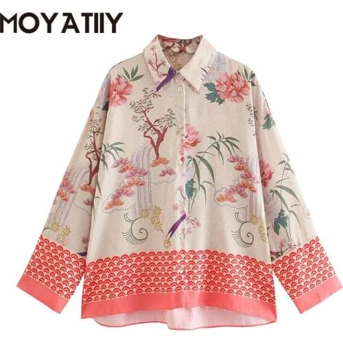 MOYATIIY Fashion Women 2021 New Arrival Retro Shirts Folk-custom Sweet Flower Oleander Print Blouse Shirts Autumn Female Tops
