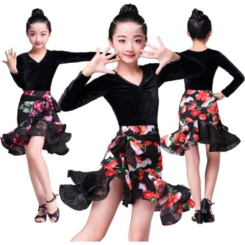 2020 New Pattern Childrens Pleuche Long Sleeve Latin Skirt with Print and Lace Autumn 110-160 cm Free Delivery