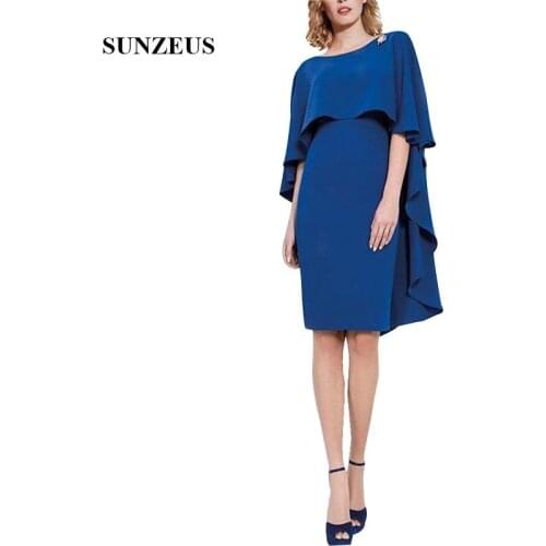 Knee Length Blue Mother Of The Bride Dress With Cape Sheath Simple Elegant Lady Formal Party Gowns For Weddings