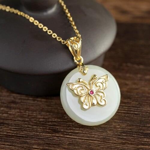 Pure silver plating Mosaic hetian jade white jade butterfly high-grade temperament collarbone pendant hanging pendant
