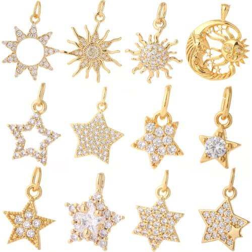 Star Sun Pendant Charms for Earrings Necklace Making Supplies Accessories Gold Polaris Diy Jewelry Charms Metal Copper CZ Zircon