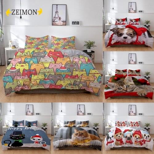 ZEIMON Christmas Home Decor Bedding Set Animal Cat Puppy Printed Cover Single Double King Queen Size Duvet Cover Sets Bedclothes