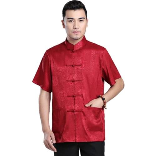 Shanghai Story Chinese Summer Faux Silk Short Sleeve Mens Shirt Male Chinese Traditional Top For Man