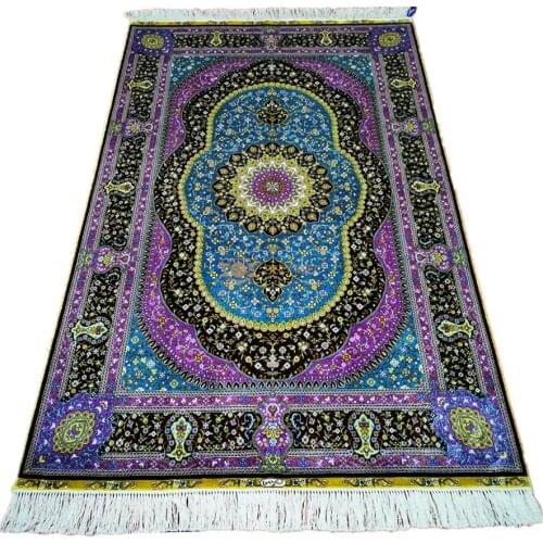 Seeykeep™ 4x6ft Exquisite Central Medallion Floral Azure Backcolor Design Silk Handknotted Rug-FC3016047