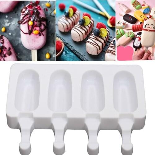 Silicone Ice Cream Mould DIY Homemade Popsicle Mold Freezer Juice 4 Cell Ice Cube Tray Popsicle Barrel Mould with Popsicle Stick