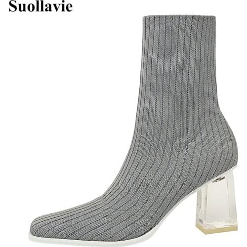 Suollavie fashion ladies shoes sexy boots for women dress high heels soft cozyknitting booties female chunky heel shoes woman