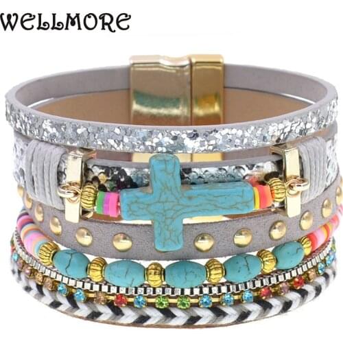 WELLMORE bohemia leather bracelets for women stone beaded corss multilayer bracelets charm Bracelets Female fashion Jewelry