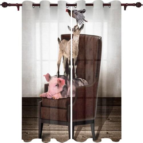 Pig Cow Chicken Sitting On Chair Window Curtains Home Decor Curtains for Living Room Christmas Curtains Bedroom Kitchen Items