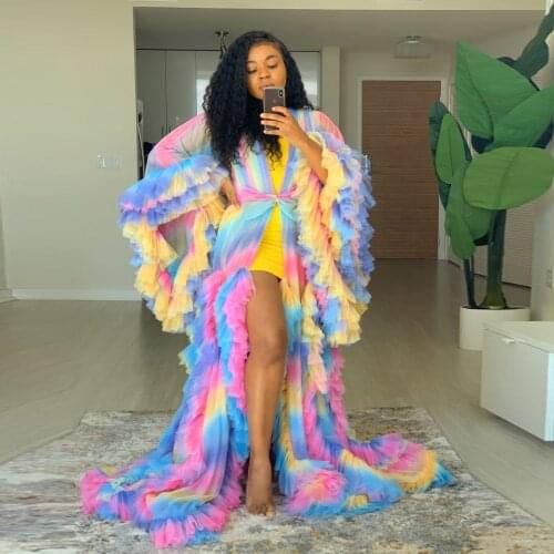 Boutique Puffy Colorful Long Robes Women Full Sleeves Ruffles Robe Tulle Tiered Women Jacket With Bow Custom Made Real Photo