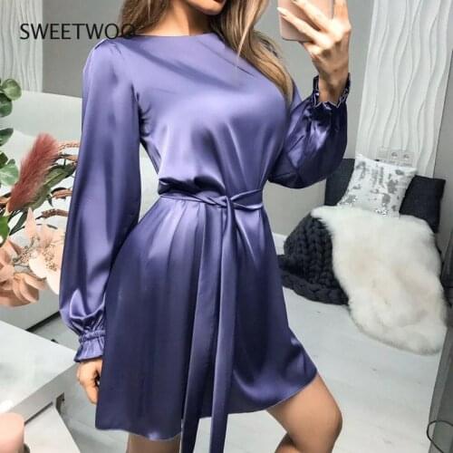 Women Casual O-Neck Satin Mini Dress solid Lantern Sleeve Sashes A Line Party Dress 2021 New Fishtion Spring Women Elegant Dress