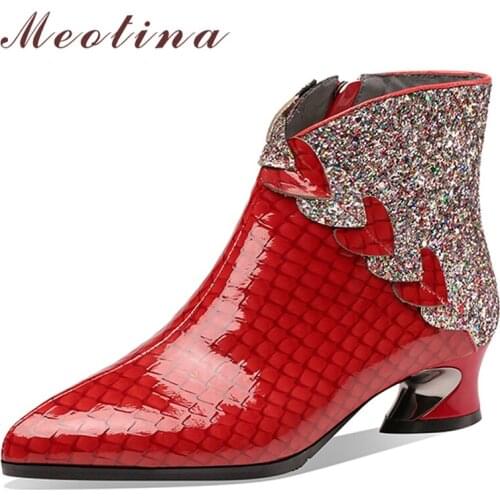 Meotina Women Shoes Genuine Leather Ankle Boots Strange Style Med Boots Pointed Toe Zipper Ladies Footwear 2021 Autumn Red 42