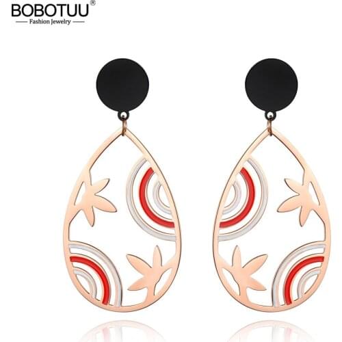 BOBOTUU Fashion Jewelry Rose Gold Color Stainless Steel Red And Black Stripes Pattern Stud Earrings For Women Kolczyki BE18467
