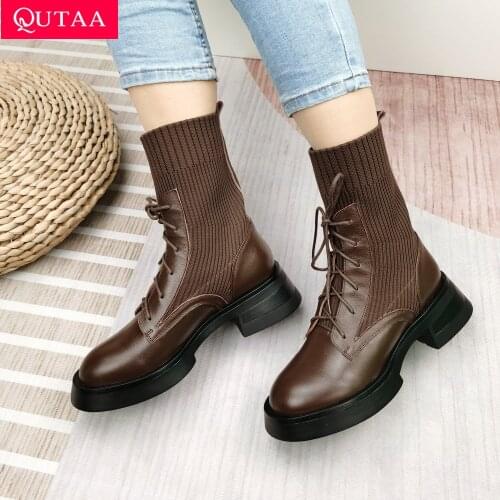 QUTAA 2022 Ankle Boots Square Heel Lace Up Knitting Women Shoes Autumn Winter Round Toe Fashion Platform Leather Boots 34-43