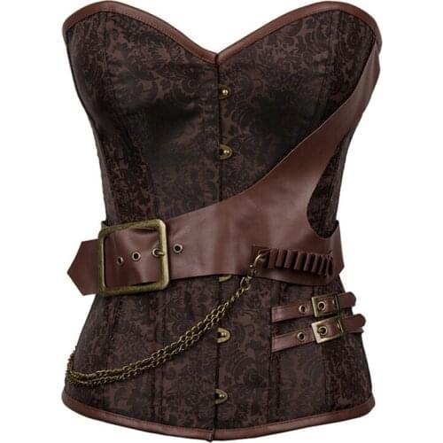 Plus Size S- 5XL/6XL Faux Leather Steampunk Gothic Corset Woman Steel Boned Punk Brown Leather Lace Up Sexy Waist Slim Corset