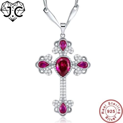 J.C Cross Design Ruby & White Topaz Solid 925 Sterling Silver Pendant Fine Jewelry for Women Dating Excellent Necklace