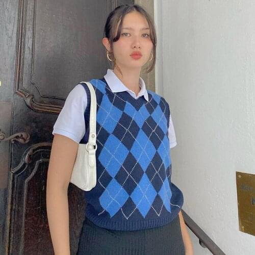 Girlss Knitted Vest 2020 Vintage Casual Tank Tops Pullover Sweater Vest Spring Autumn Women Sleeveless V-Neck College Sweater