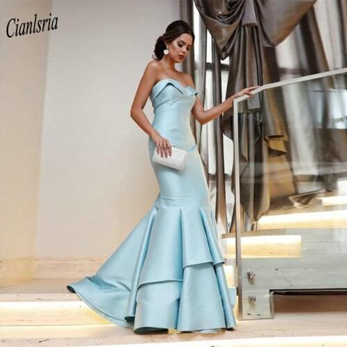 Sky Blue Sweetheart Mermaid Evening Dress 2020 Sleeveless Tiered Skirt Saudi Arabic Formal Evening Party Dresses robe de soiree