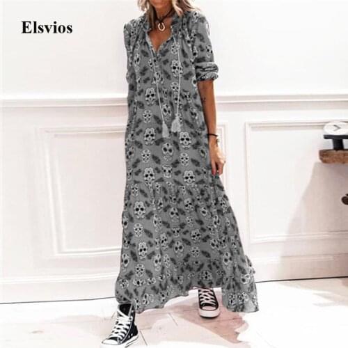 Casual Retro Skull Print Women Maxi Dress Elegant Long Sleeve Loose Party Dress 2021 Spring Drawstring V-Neck Long Dress Vestido