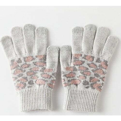 Winter Women Warm Leopard Full Finger Plus Plush Thick Touch Screen Driving Mitten Stretch Nylon Knit Sport Cycling Glove I96