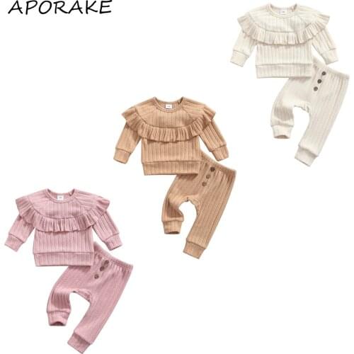 2021 0-18M Sweet Kids Baby Girl Clothing Ruffle Front Solid Color Sweater Long Sleeve O Neck Tops+Buttoned Long Pants Fall 2pcs