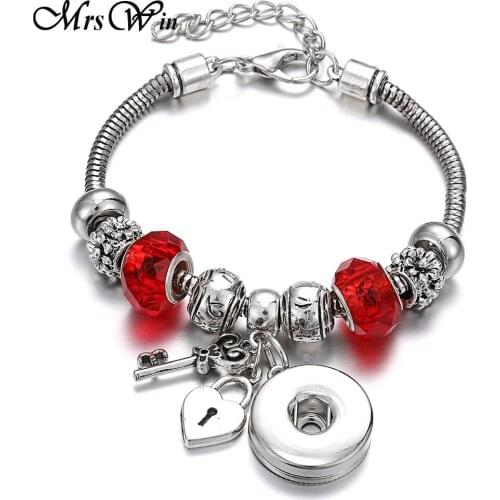 2019 New Snap Jewelry Handmade Crystal Beads Lobster Buckle Snake Chain Bangles DIY 18mm Snap Button Bracelet for Women