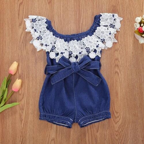 2021 Baby Summer Clothing 0-18M Baby Girl Denim Romper Front Bowknot Lace Flower Ruffle Jumpsuit New Outfits Set