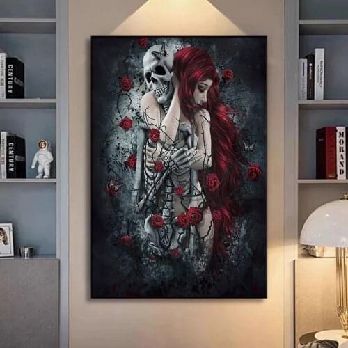 Abstract Skull Girl Canvas Art Posters Prints Dark Rose Flowers Wall Art Paintings Pictures for Living Room Decor Cuadros