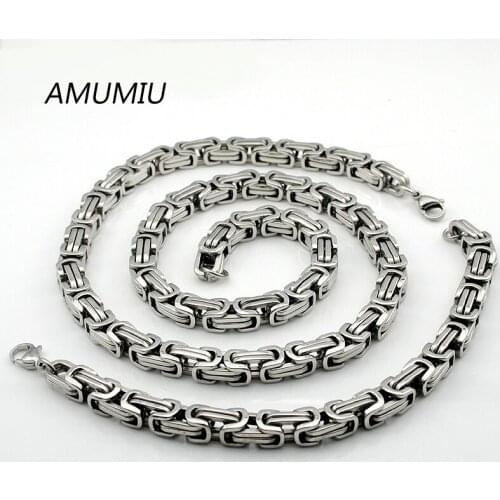 AMUMIU Lose Money Promotions! Jewelry Sets 316L Stainless Steel Silver Color Byzantine Necklace Bracelet set chain HZTZ084