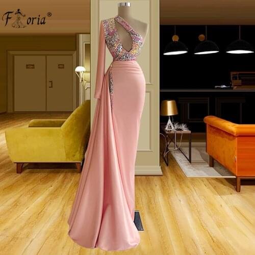 Arabic One Shoulder Pink Evening Gowns Elegant Long Colorful Sequins Mermaid Prom Dresses New Arrival Women Celebrity Dress