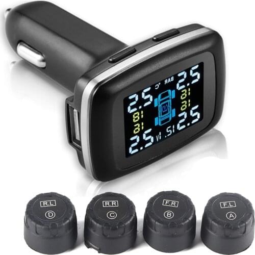 Car TPMS Tire Pressure Monitoring System Cigarette Lighter With 4 External Sensors Fixed Rod Psi Pressure Fixed Temperature Unit