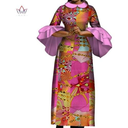 BintaRealWax Womens Dress Dashiki Doll Collar Lotus Sleeve African Clothing Cotton Fabric African Dress for Party WY3728