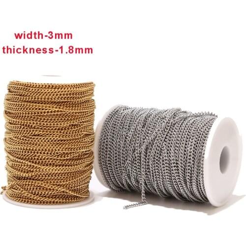 2Meters Stainless Steel Gold Tone 3mm Width Cable Chains Curb Flat Link Chain For DIY Jewelry Necklaces Bracelet Findings Making