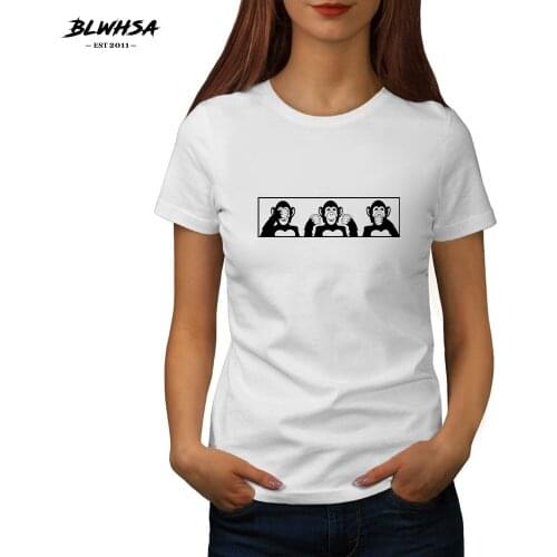 BLWHSA No See No Hear Printing T Shirt Women Fashion Summer Funny T-Shirt Orangutan Animal Printed Brand Shirts Women Tees