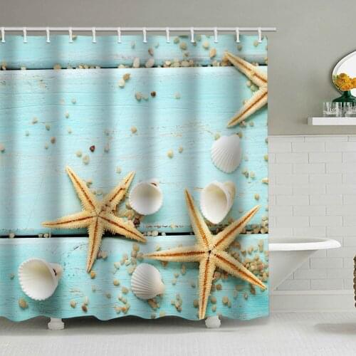 Hot sale starfish beach wood board printing shower curtain waterproof free perforated bathroom curtain curtain